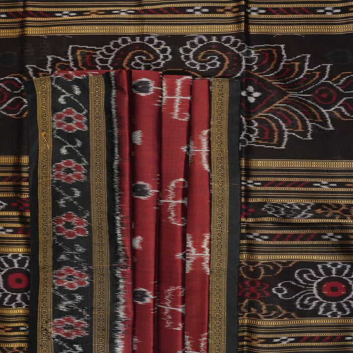 Full styling view of an elegant brown and black Khandua silk saree draped on a model for a classic look.