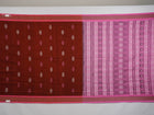 Full flat layout of the brown Bomkai cotton saree displaying the pink pallu and all-over butta pattern