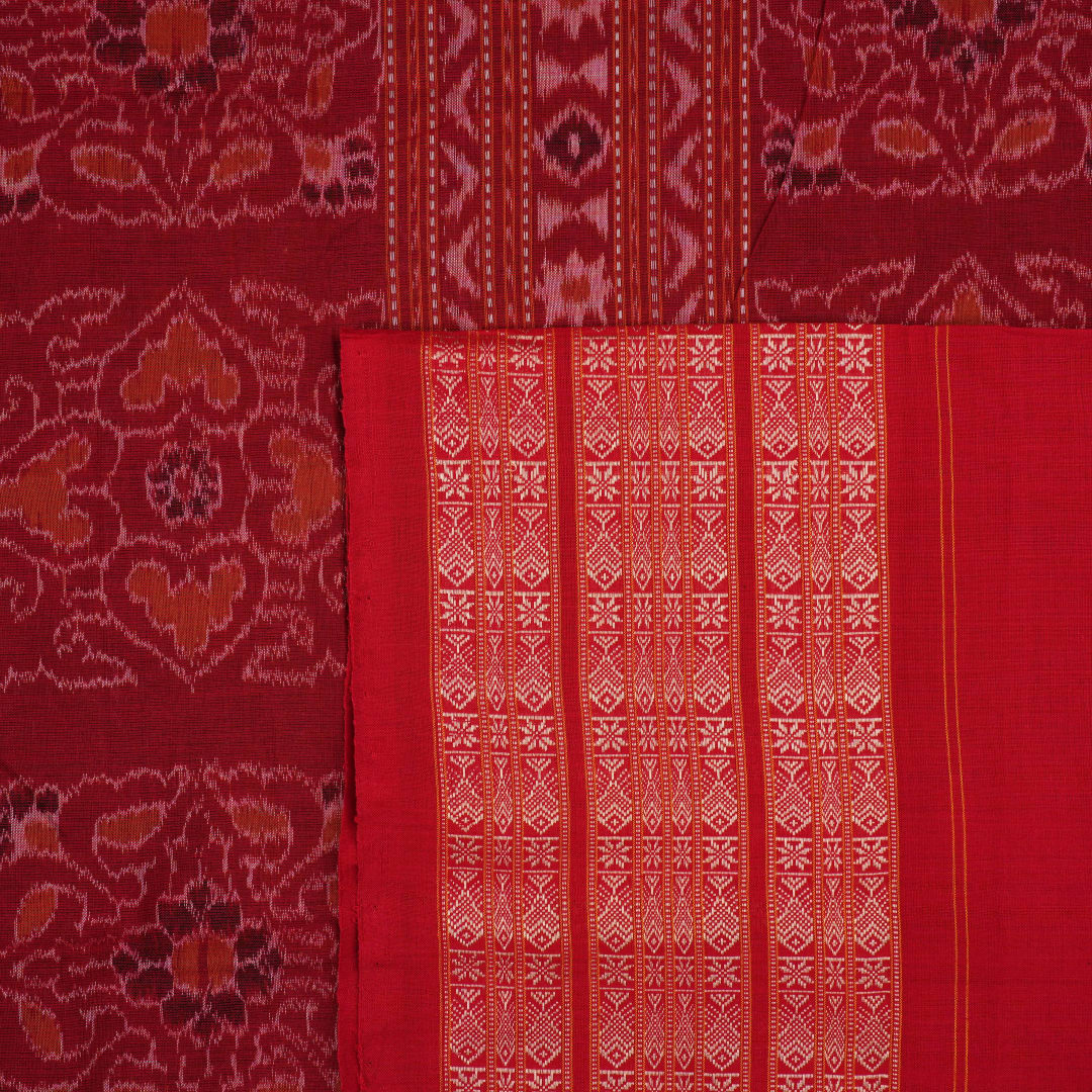 Full layout of a blue and red Sambalpuri cotton saree showcasing the complete pattern and border design.