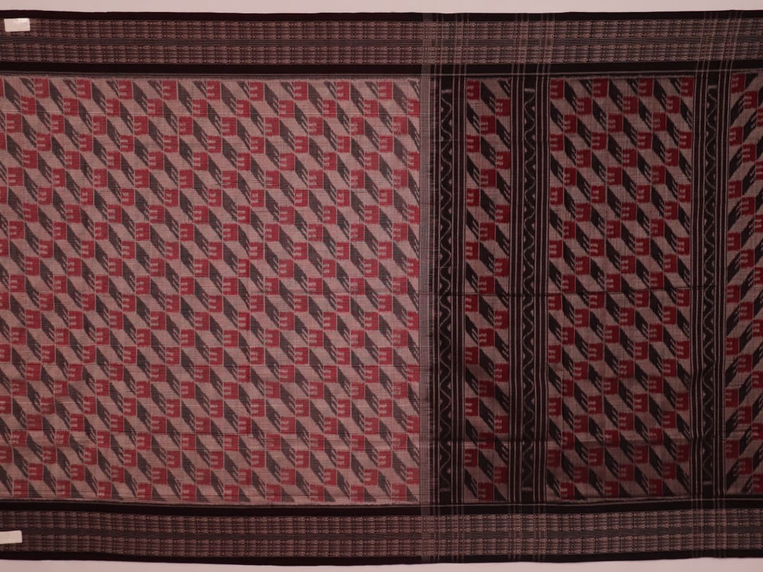 Grey and black cotton Sambalpuri saree with intricate motif pattern, displayed in full view.