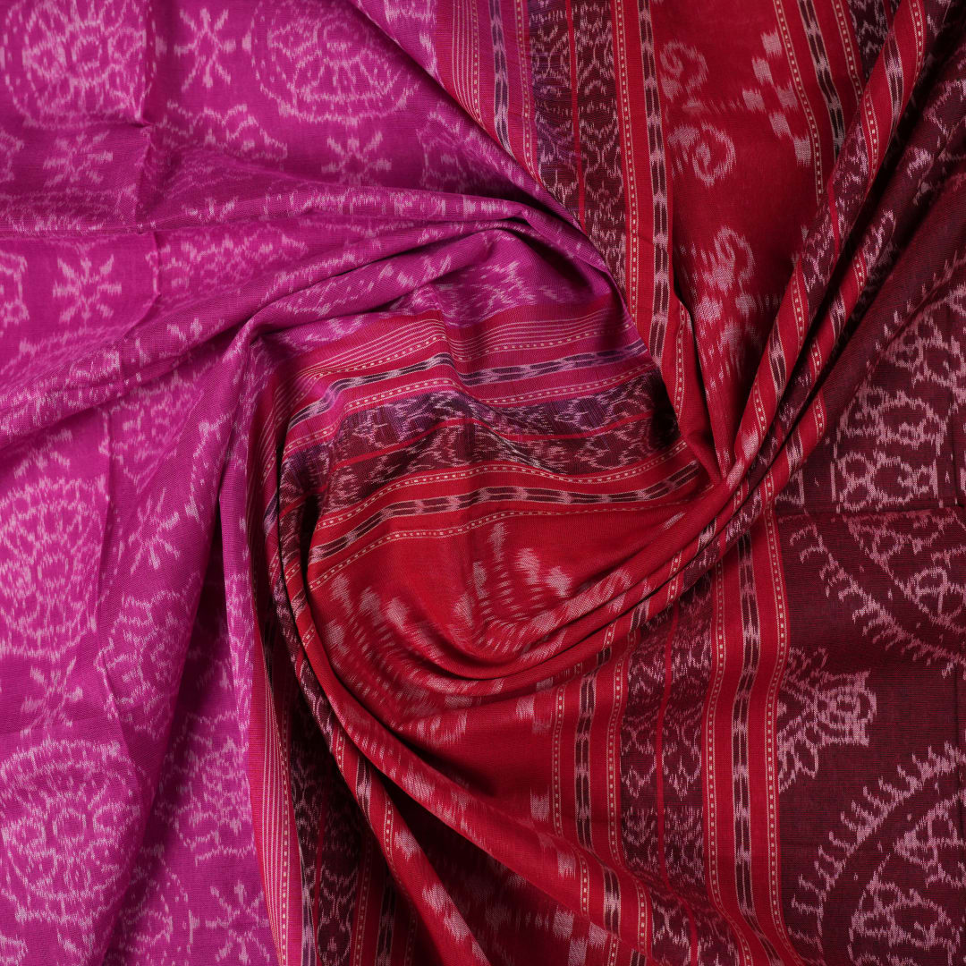 Full length view of the pink and red Sambalpuri cotton saree displaying the complete motif design.