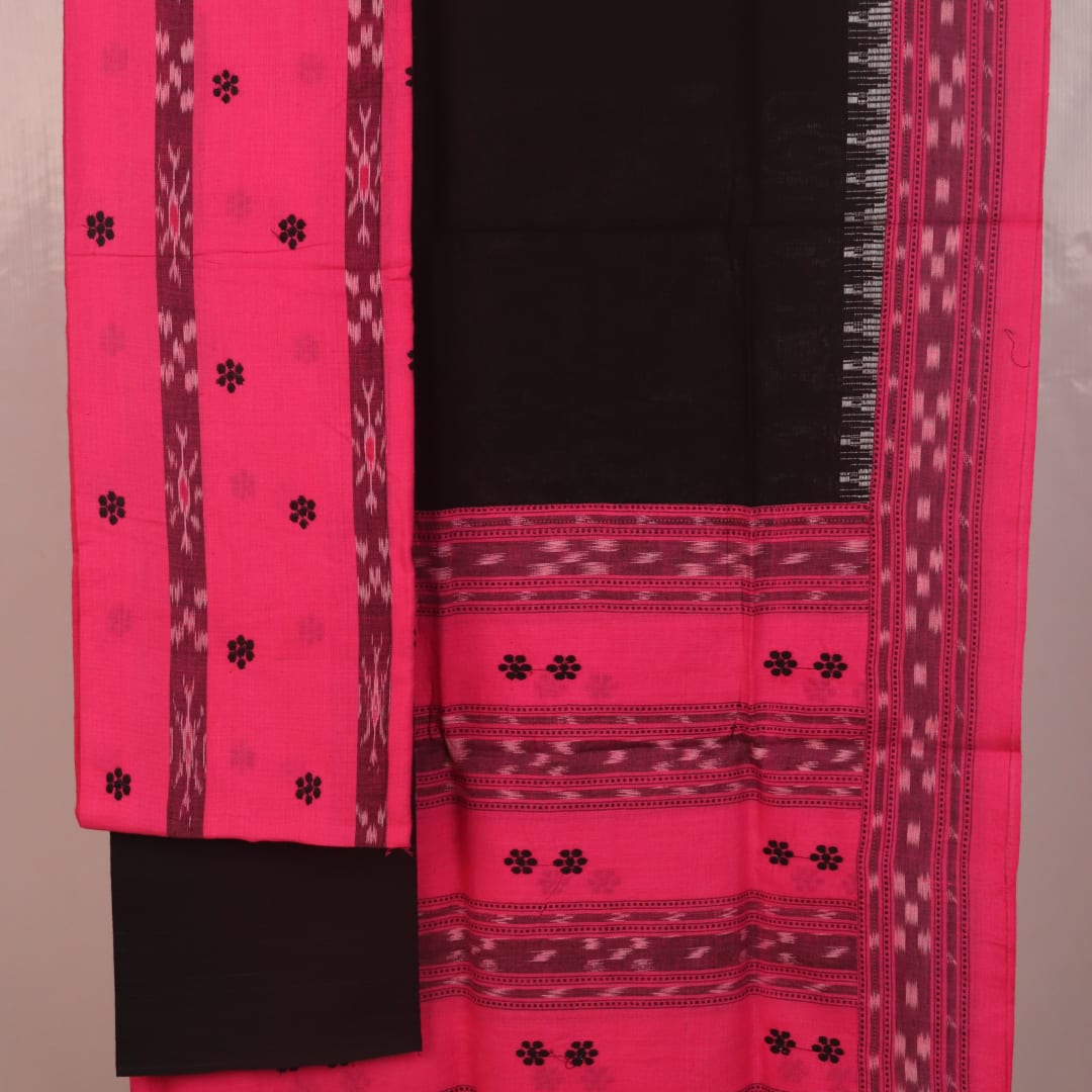 Blouse piece detail of pink and black Sambalpuri cotton motif dress material.