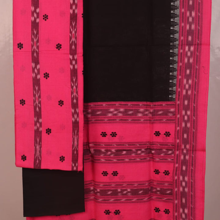 Blouse piece detail of pink and black Sambalpuri cotton motif dress material.