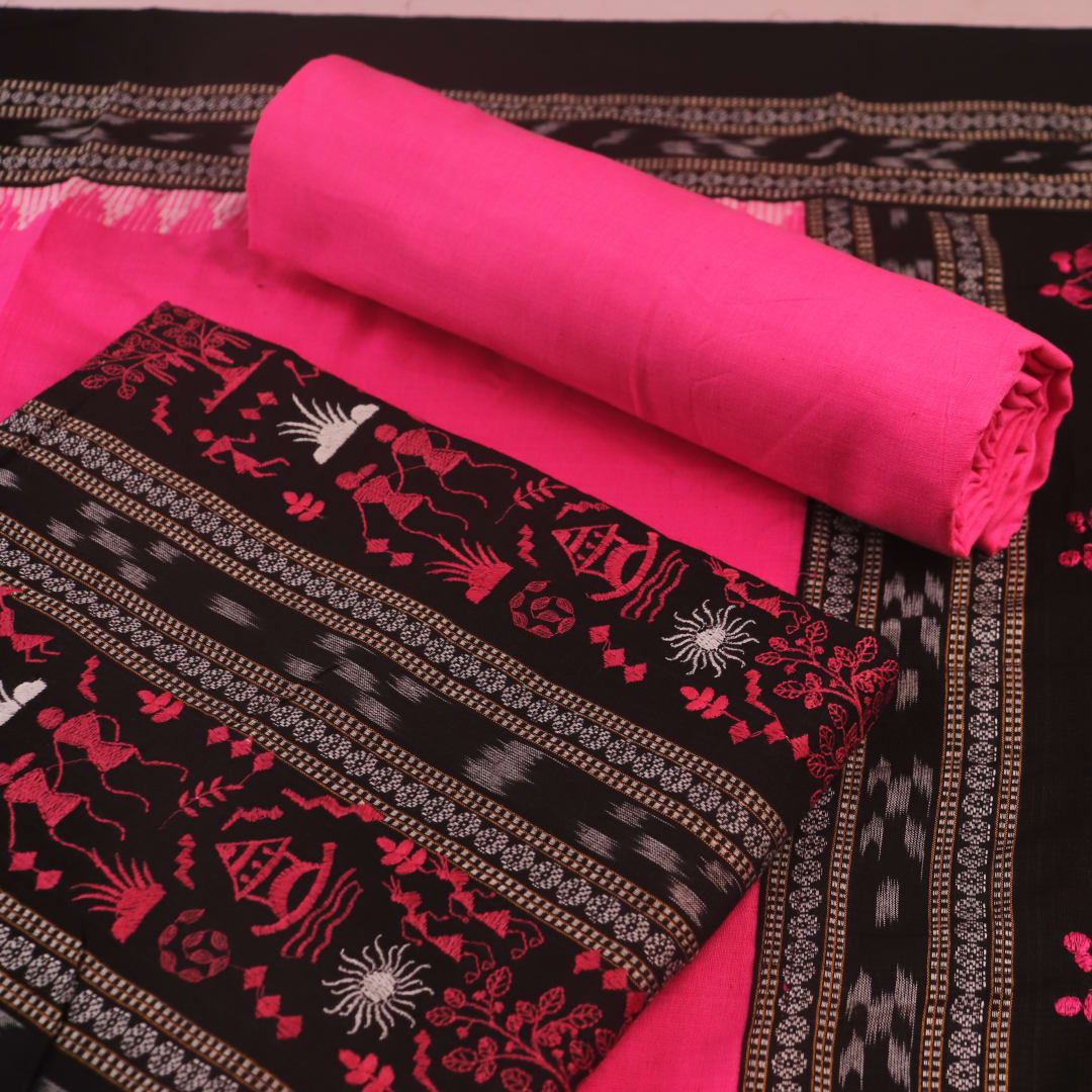 Blouse piece detail for black and pink Sambalpuri cotton dress material with motifs.