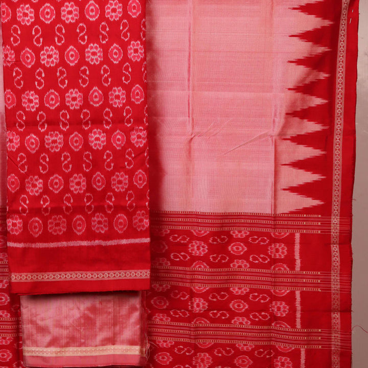 Detail of red and peach Sambalpuri Silk dress material blouse piece with motifs.