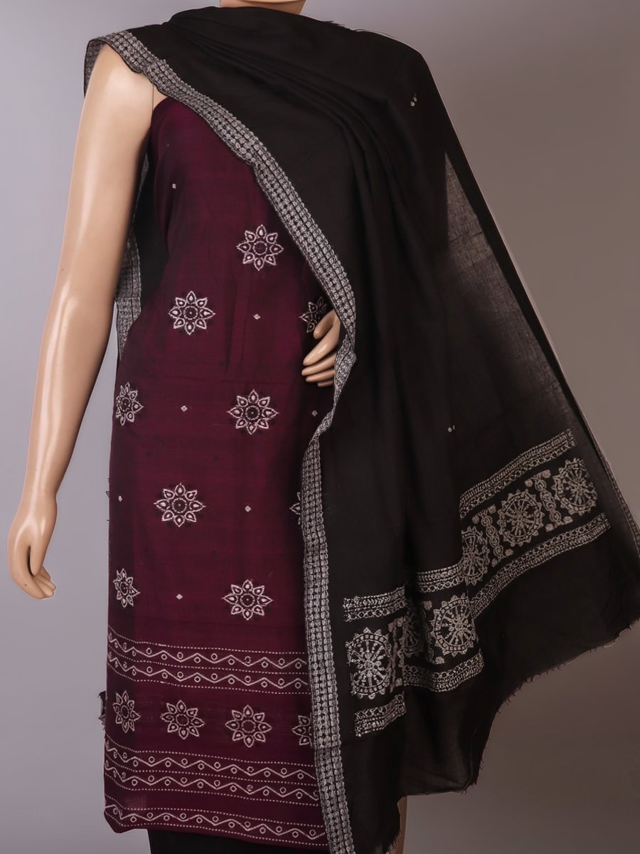 Matching black and purple Bomkai Cotton blouse piece with coordinating butta pattern.