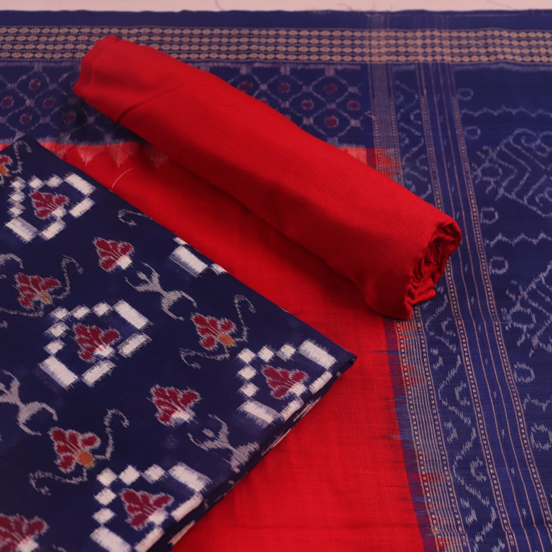 Sambalpuri cotton dress material: Detail of the blue and red Pasapalli patterned blouse piece.
