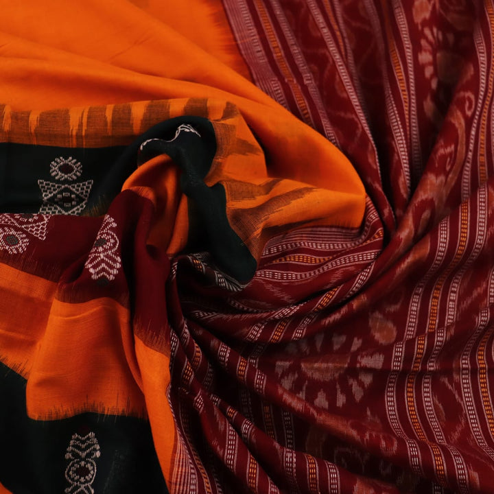 Full view of a yellow Bomkai cotton saree with maroon butta patterns