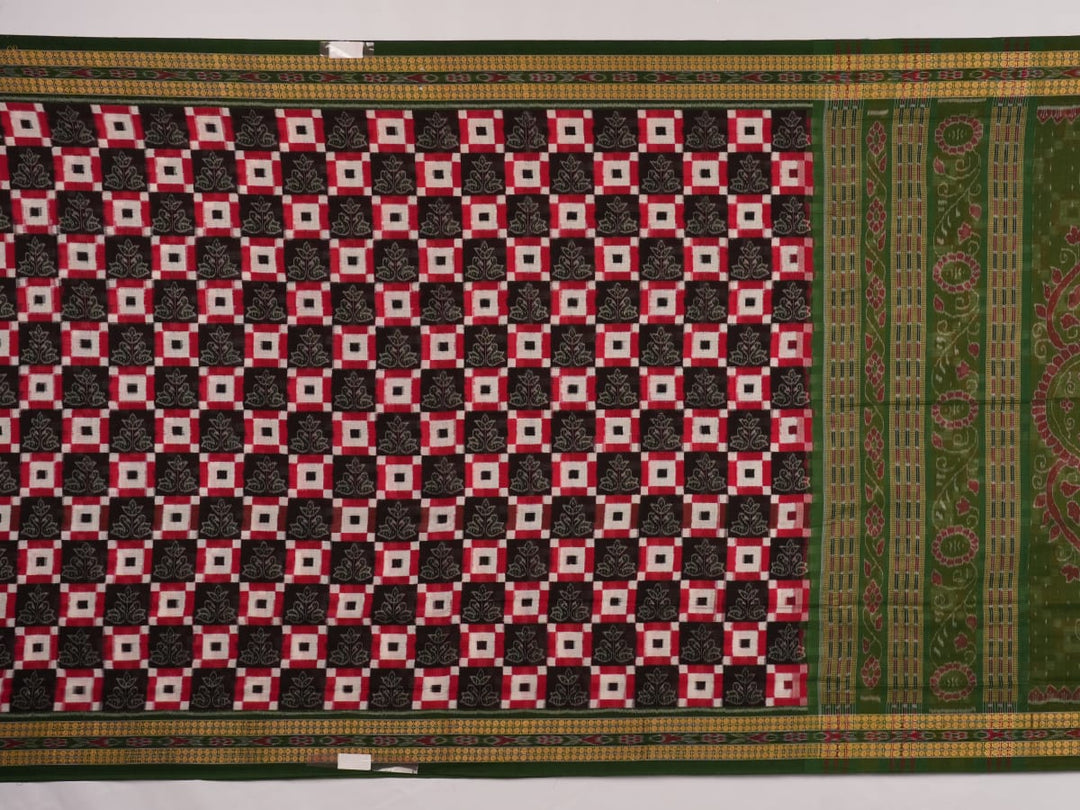 Full layout of a multi-color Sambalpuri cotton saree showcasing the green Pasapalli weave and borders.