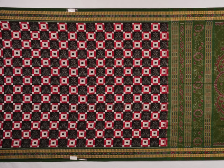 Full layout of a multi-color Sambalpuri cotton saree showcasing the green Pasapalli weave and borders.