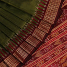 Styling view of vibrant green Khandua silk saree with maroon butta pattern