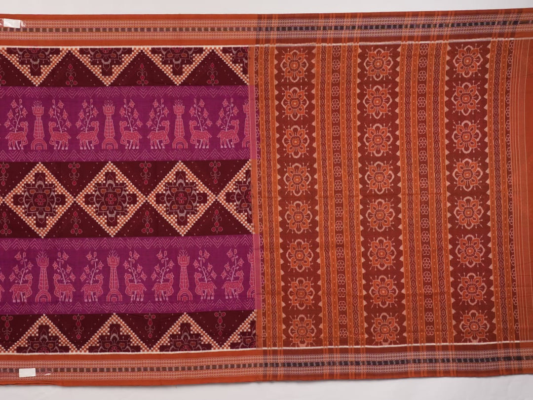 Elegant model drape of the brown Pasapalli Sambalpuri cotton saree showing the full traditional look.
