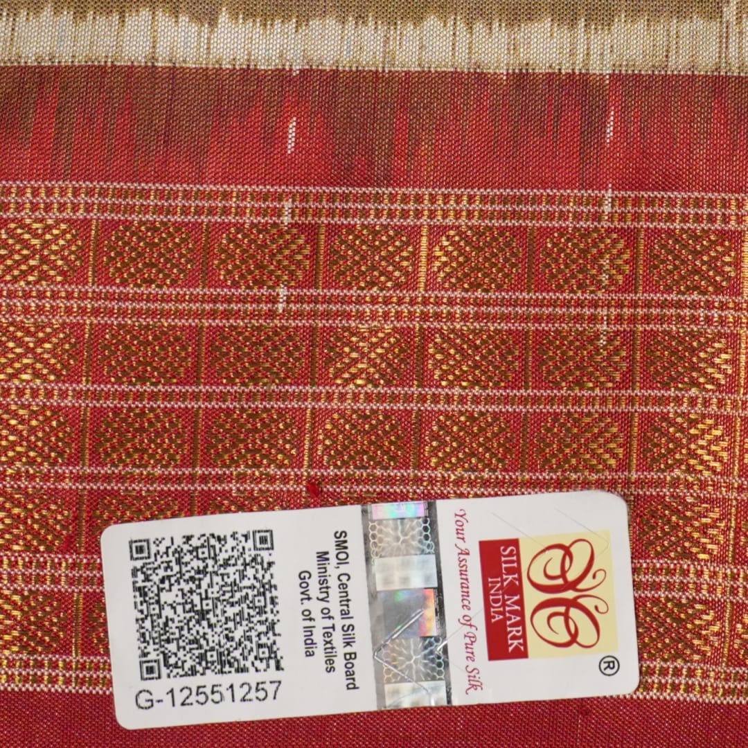 Ultra close-up of Sambalpuri silk saree fabric, showing luxurious texture and tissue motif weave.