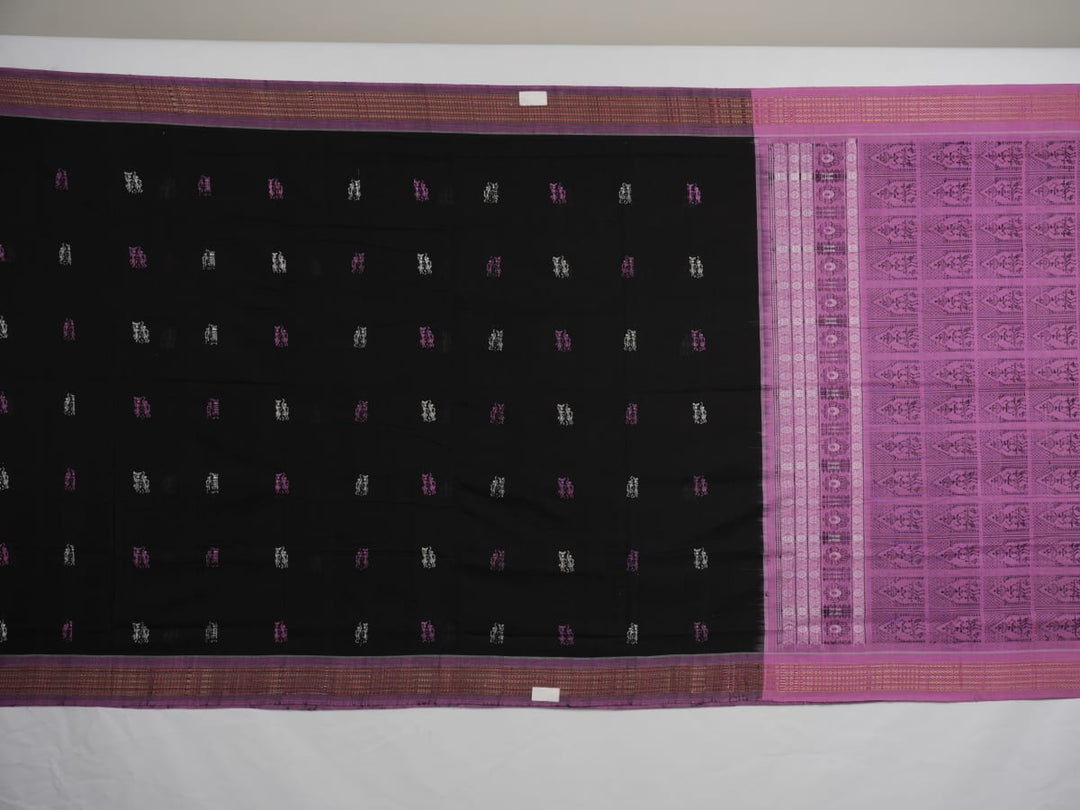 Full flat layout of the black and pink Bomkai cotton handloom saree showcasing the body and pallu.