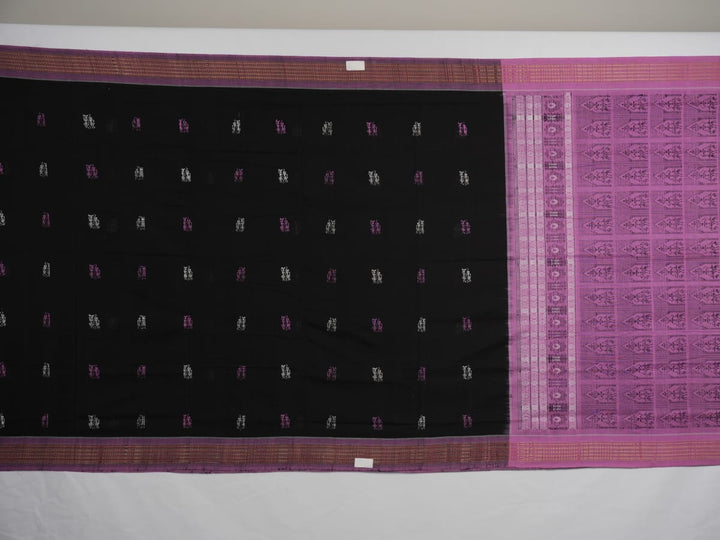 Full flat layout of the black and pink Bomkai cotton handloom saree showcasing the body and pallu.