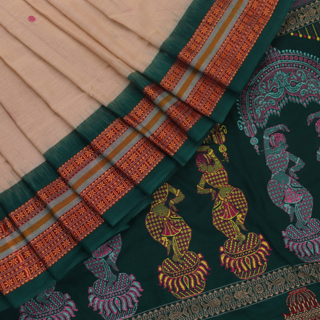 Full view of a cream and green cotton Bomkai Saree with butta pattern.