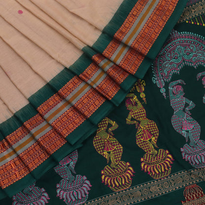 Full view of a cream and green cotton Bomkai Saree with butta pattern.