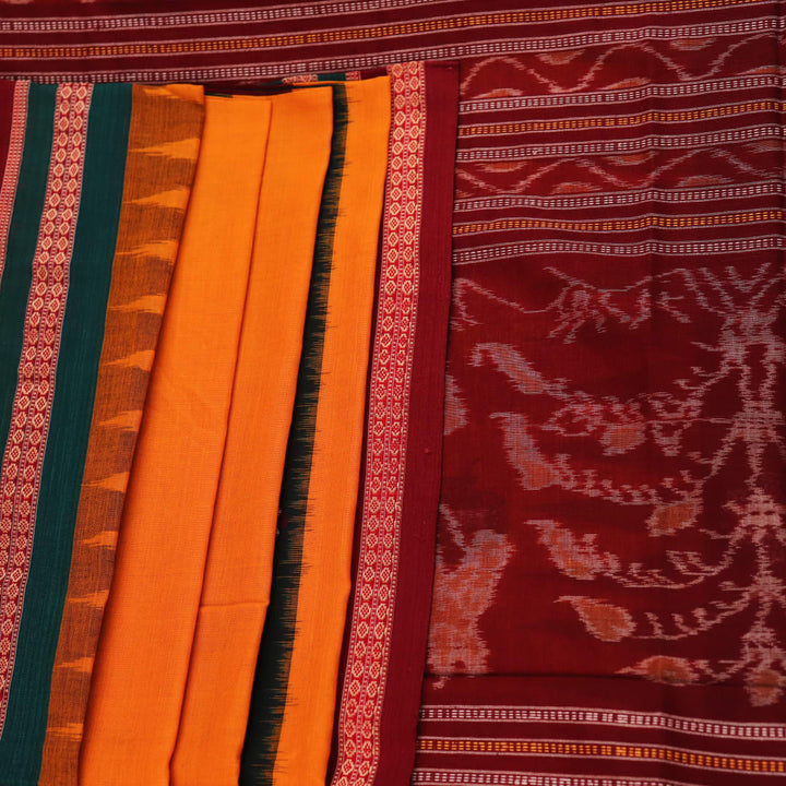 Full view of a yellow Bomkai cotton saree with maroon butta patterns