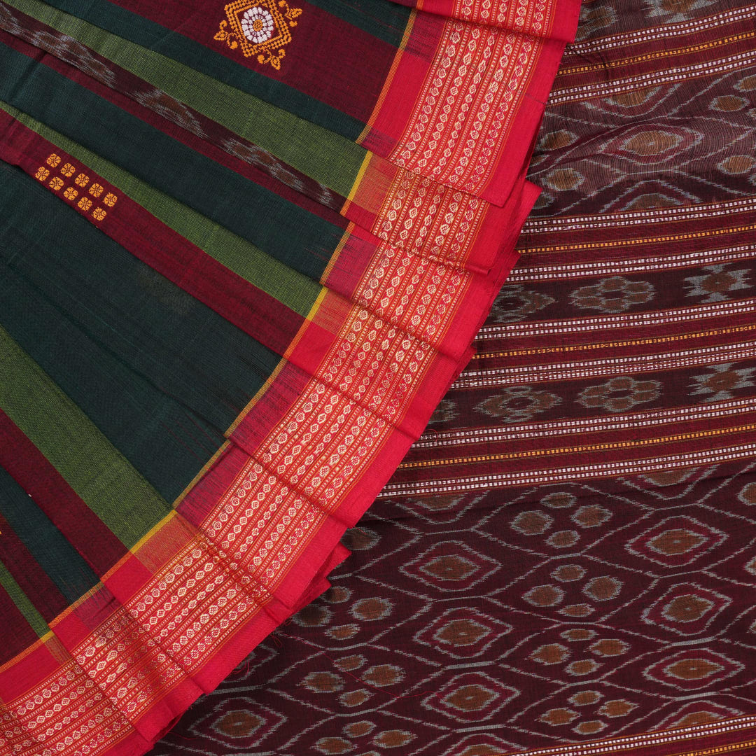 Full layout view of the multi-color striped Sambalpuri cotton saree with red border and pallu