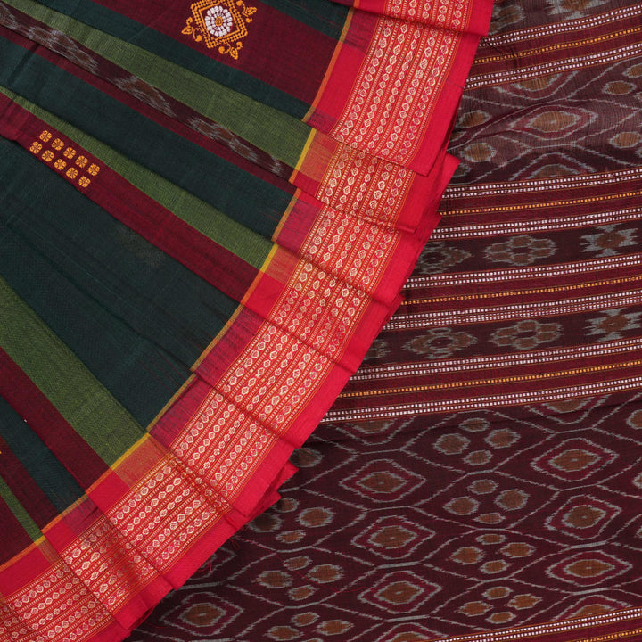 Full layout view of the multi-color striped Sambalpuri cotton saree with red border and pallu