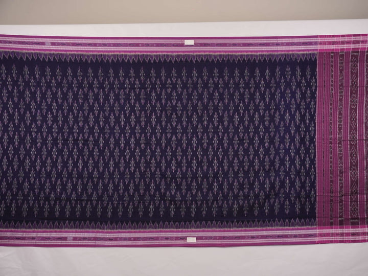 Full styling view of a model draped in a blue and purple Sambalpuri cotton saree with ikat motifs.