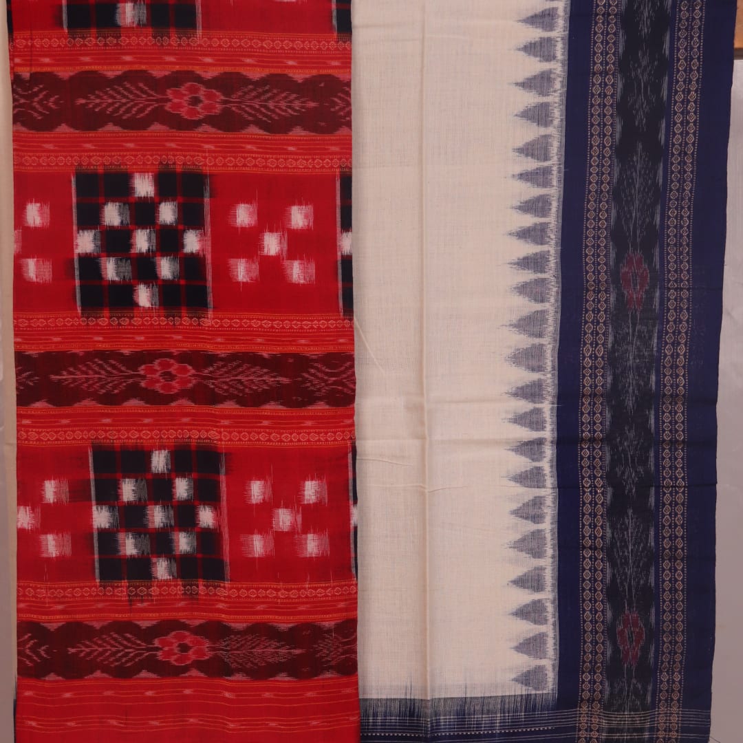 Detail of red and white Pasapalli pattern cotton blouse piece for Sambalpuri dress material.