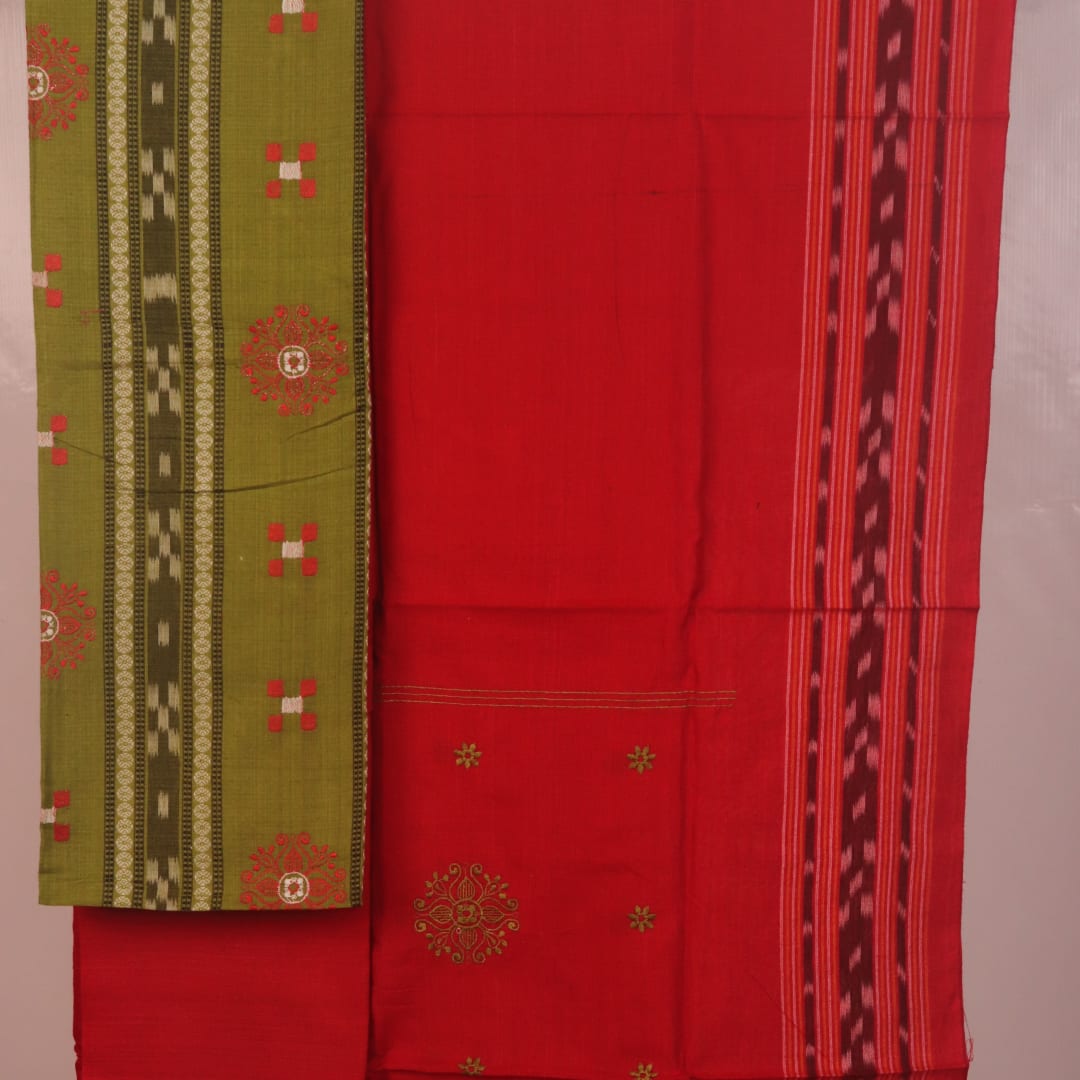 Sambalpuri cotton dress material's green and red motif blouse piece detail.