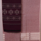 Close-up of Bomkai cotton dress material's matching blouse piece in brown with subtle purple details.