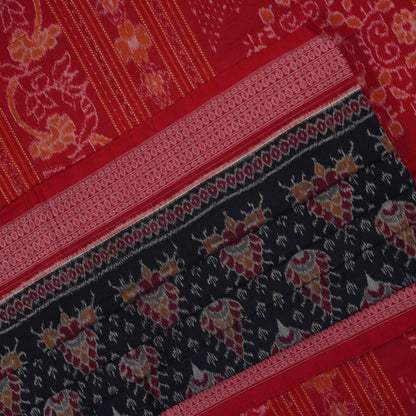 Full flat layout of a black and red Sambalpuri cotton saree showing the complete design, pallu, and border.
