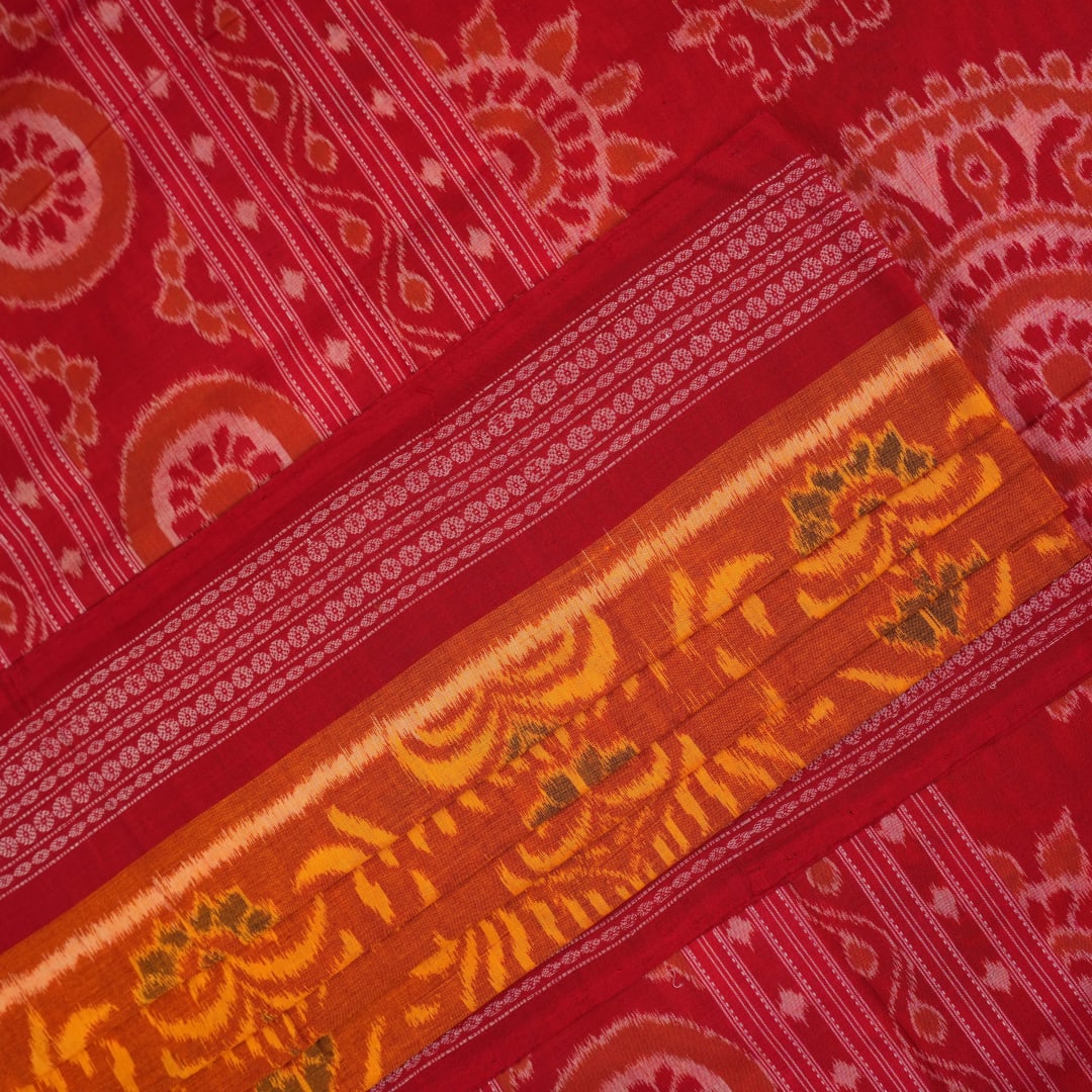 Full layout view of the yellow and red Sambalpuri cotton saree showcasing the complete body and border.
