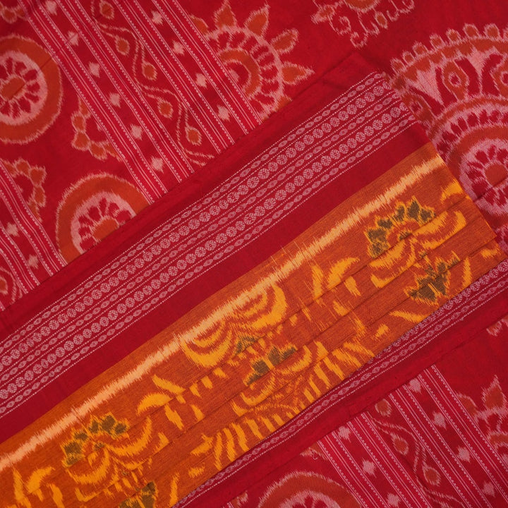 Full layout view of the yellow and red Sambalpuri cotton saree showcasing the complete body and border.