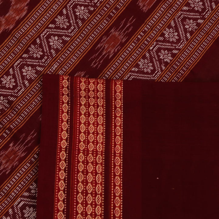 Full view of a traditional brown and maroon Bomkai cotton saree with butta patterns