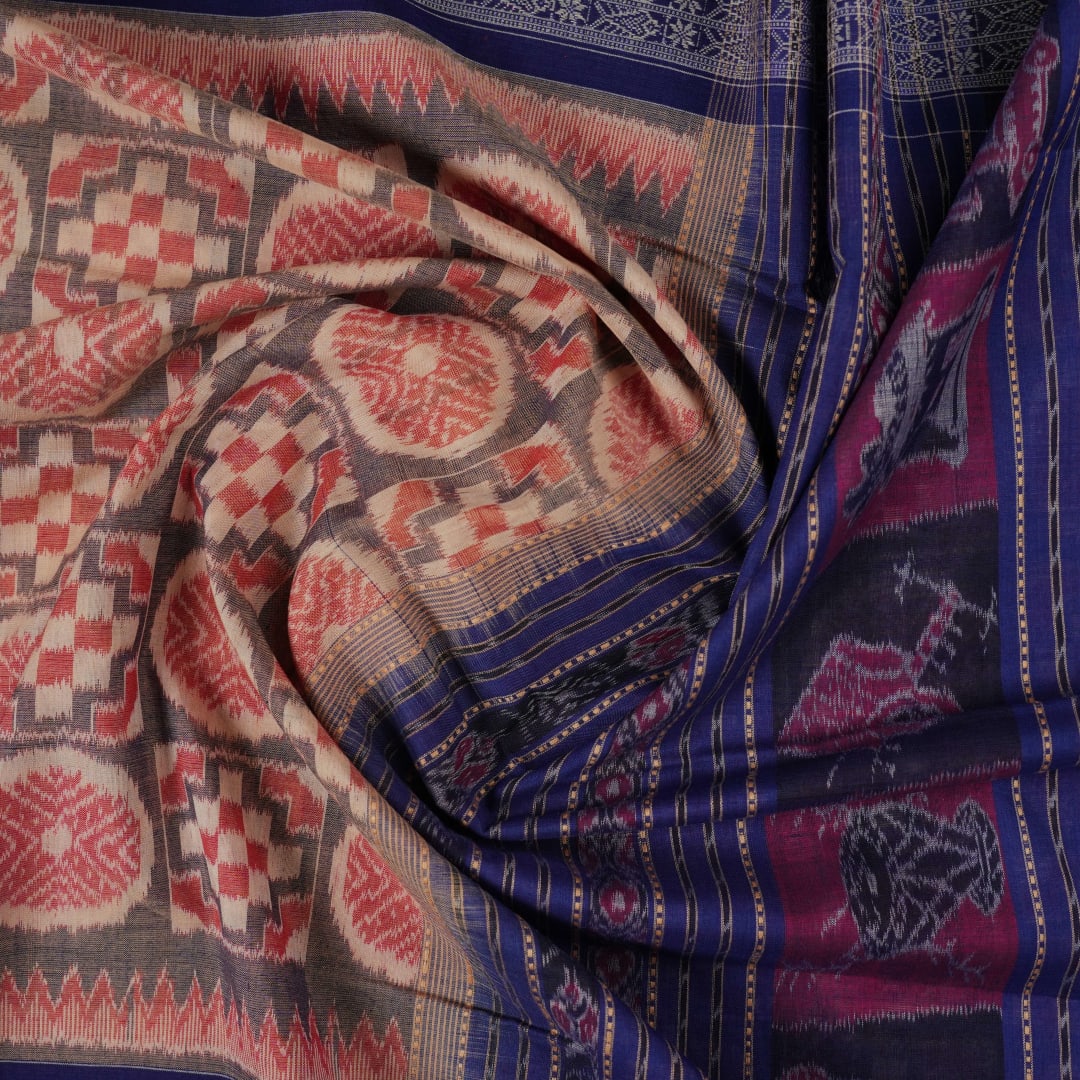 Full layout of blue and multi-color Sambalpuri cotton saree displaying motifs across the length.