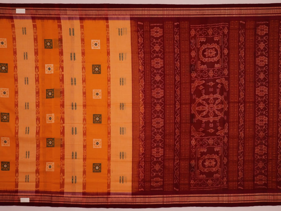 Full view of a yellow cotton Bomkai saree with maroon border and intricate butta pattern