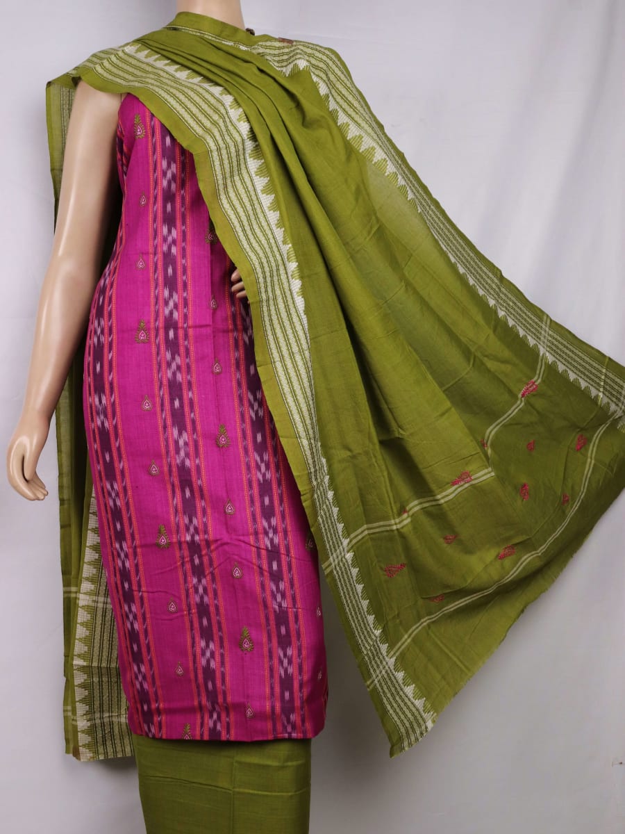 Close-up of blouse piece in magenta cotton with green Sambalpuri motifs