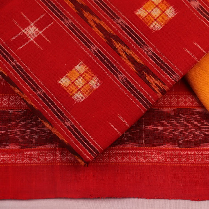 Close-up of the red and yellow Sambalpuri Pasapalli cotton blouse piece.