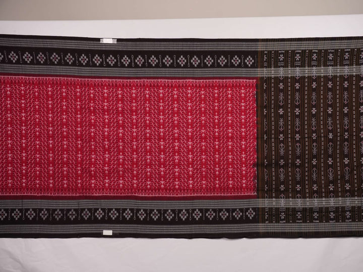 Full layout of a red and black Sambalpuri cotton saree displaying the overall body and pallu design.