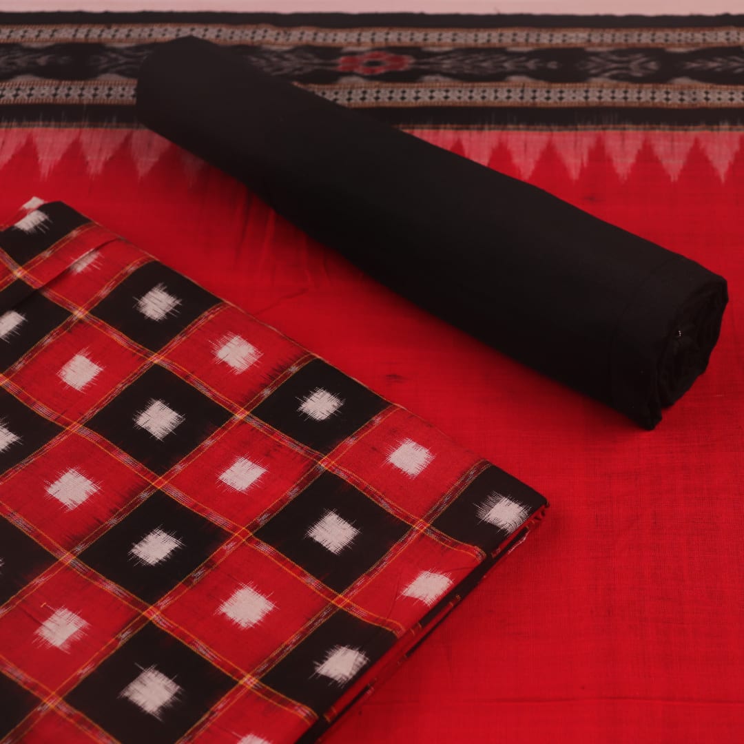 Handloom Black Sambalpuri Cotton Dress Material with Red border