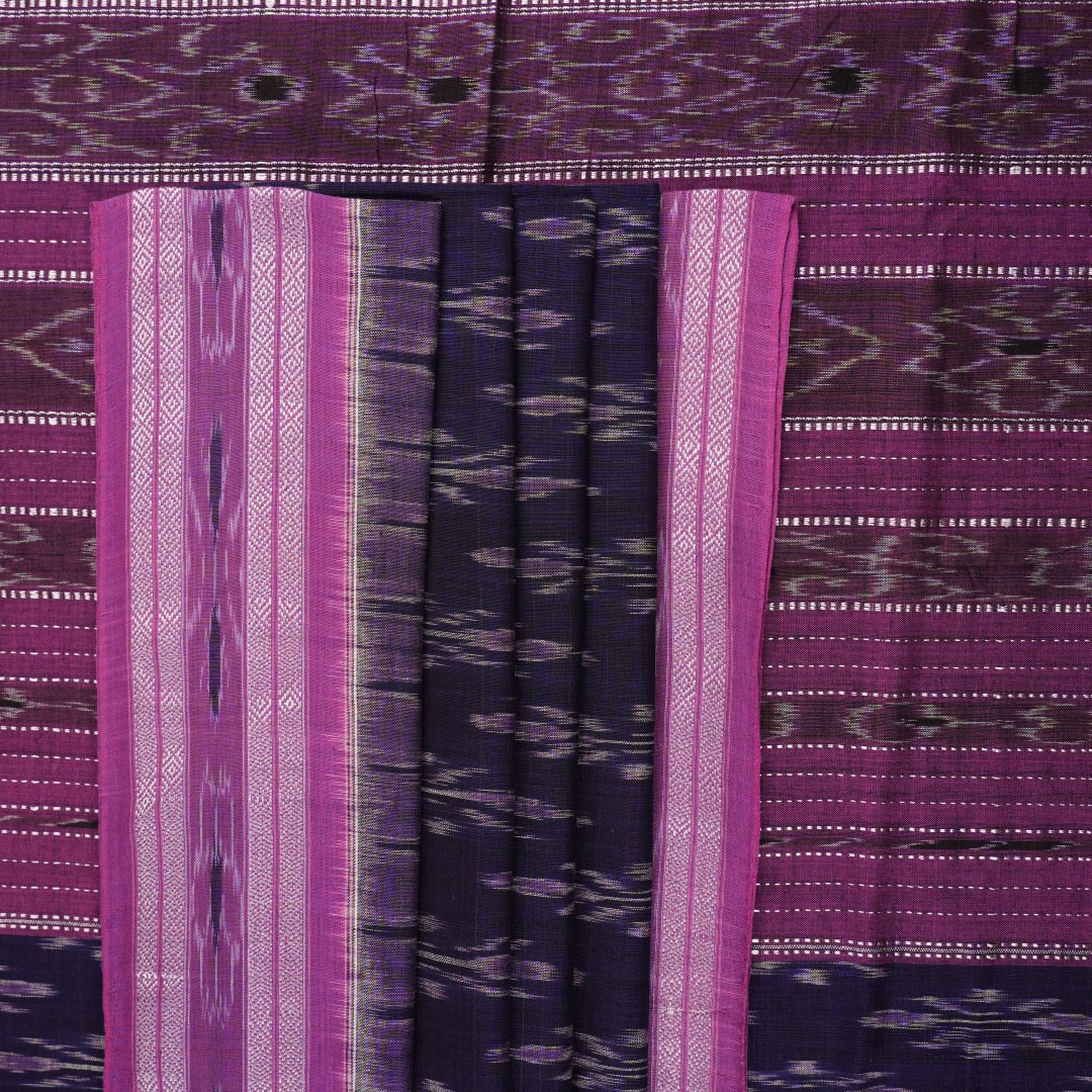 Full styling view of a model draped in a blue and purple Sambalpuri cotton saree with ikat motifs.