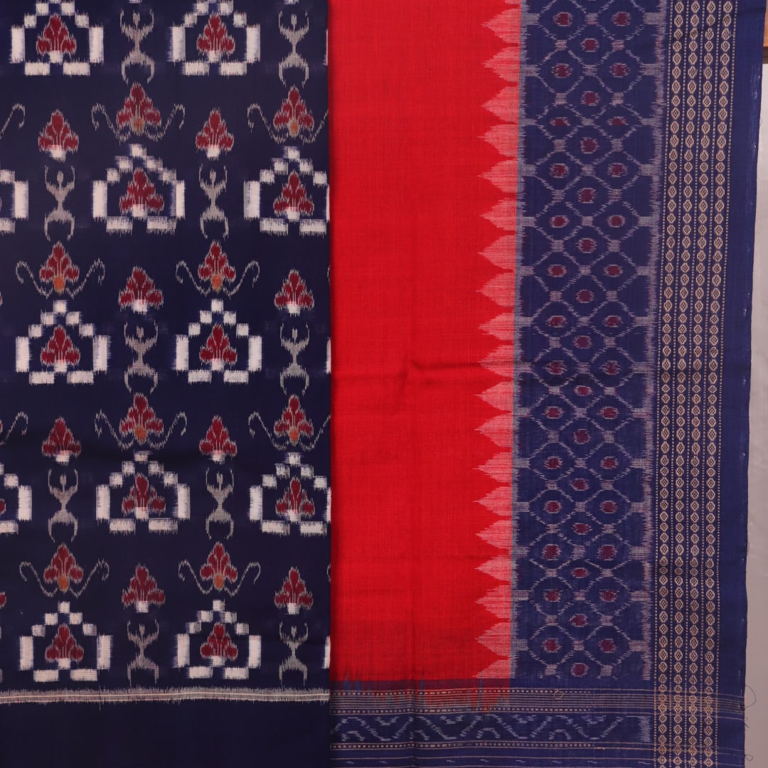 Sambalpuri cotton dress material: Detail of the blue and red Pasapalli patterned blouse piece.