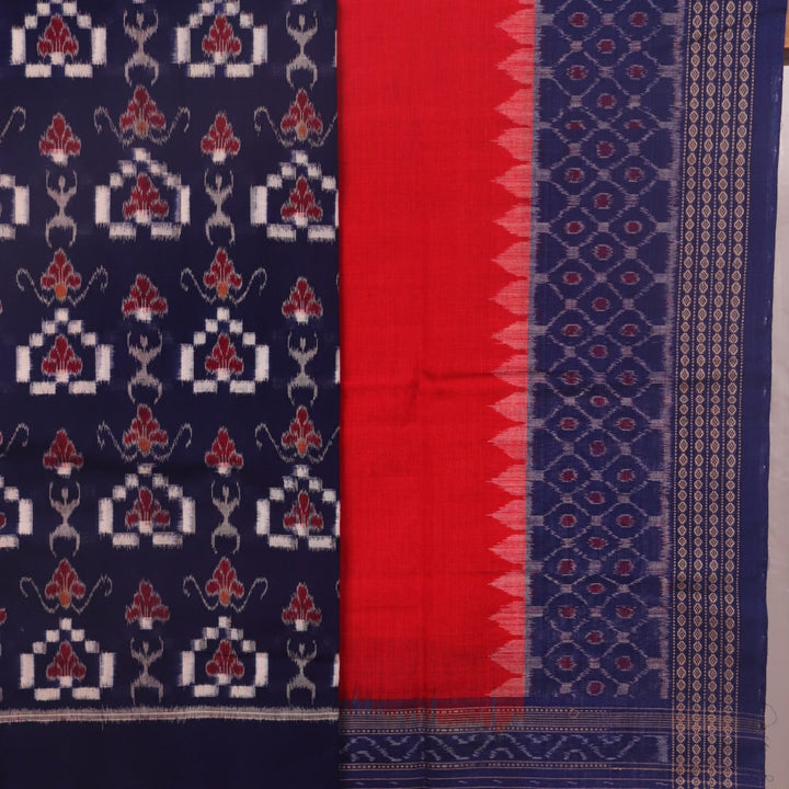 Sambalpuri cotton dress material: Detail of the blue and red Pasapalli patterned blouse piece.