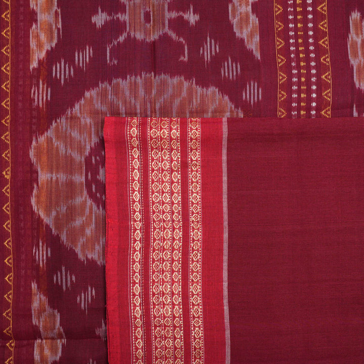 Full layout of the blue and maroon Bomkai cotton saree revealing the complete butta pattern and contrast border.