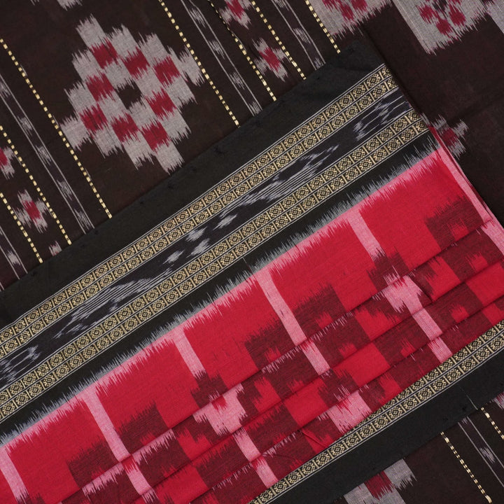 Model showcasing an elegant drape of a red and black Sambalpuri cotton handloom saree with traditional motifs