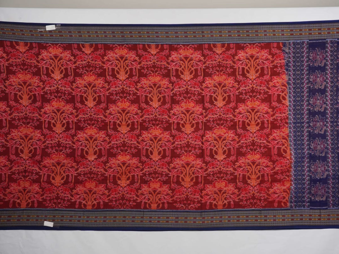 Full flat layout of maroon and blue Sambalpuri cotton saree with traditional motifs and ikat border.