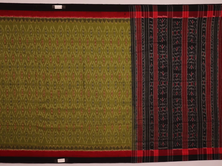 Styling view of a green Sambalpuri cotton saree with black motifs