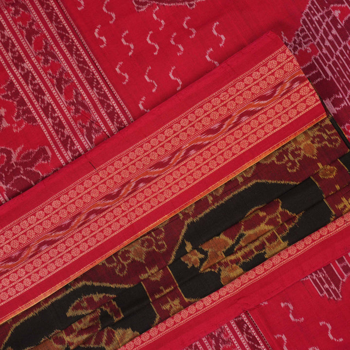 Full layout of the black and red Sambalpuri cotton saree showcasing the complete body pattern and pallu.