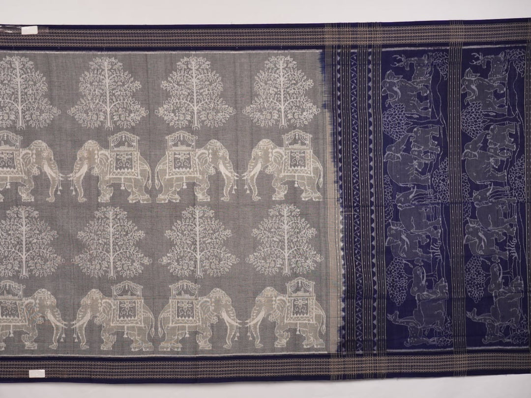Full layout of the grey and blue Sambalpuri cotton saree displaying the body, border, and intricate pallu