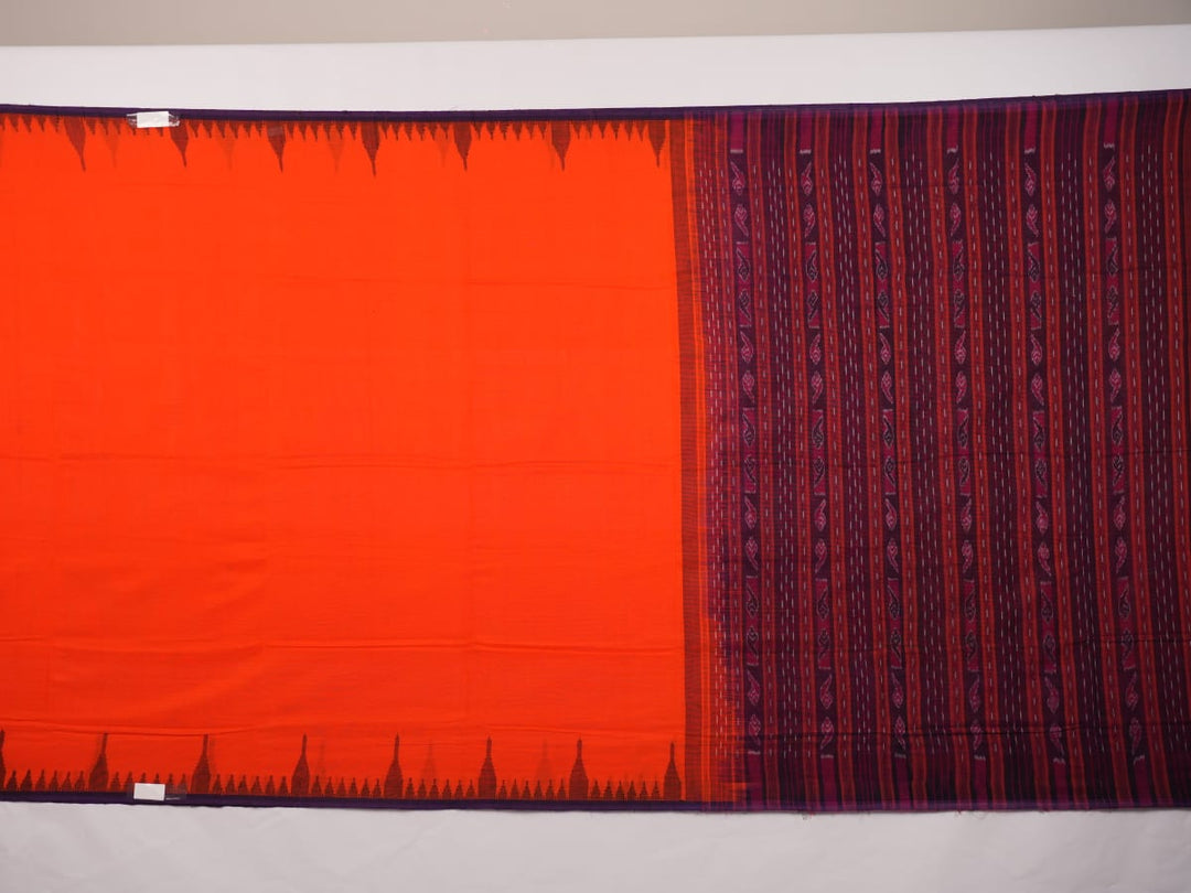 Full layout of the orange Sambalpuri cotton saree with blue border and pallu, highlighting the design.