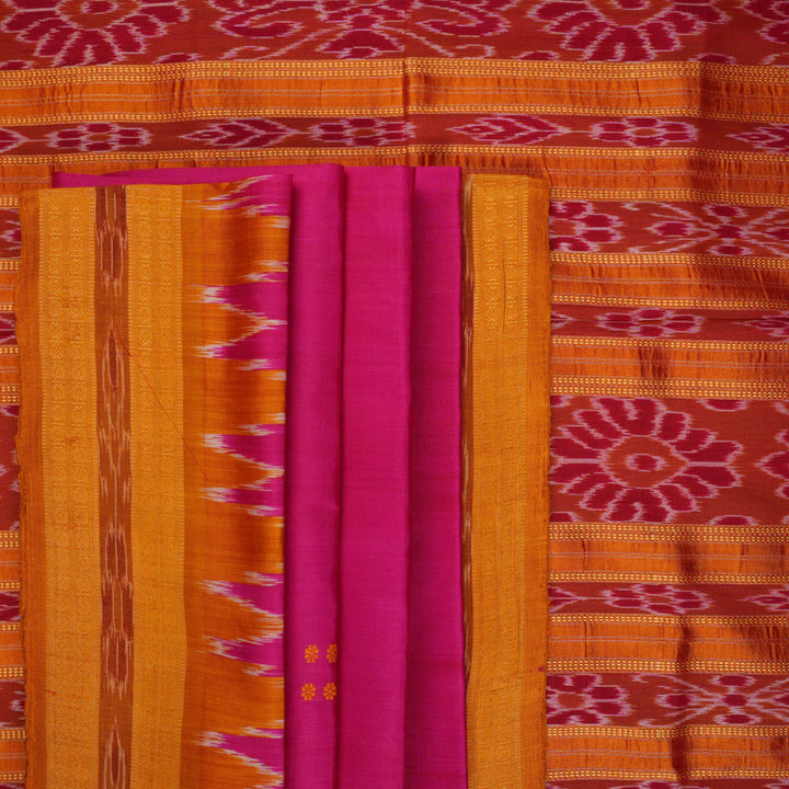 Model wearing a pink and yellow Khandua silk saree with butta work, styled in a traditional drape.