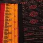 Styling shot showcasing a draped yellow and black Sambalpuri cotton saree with motif details.